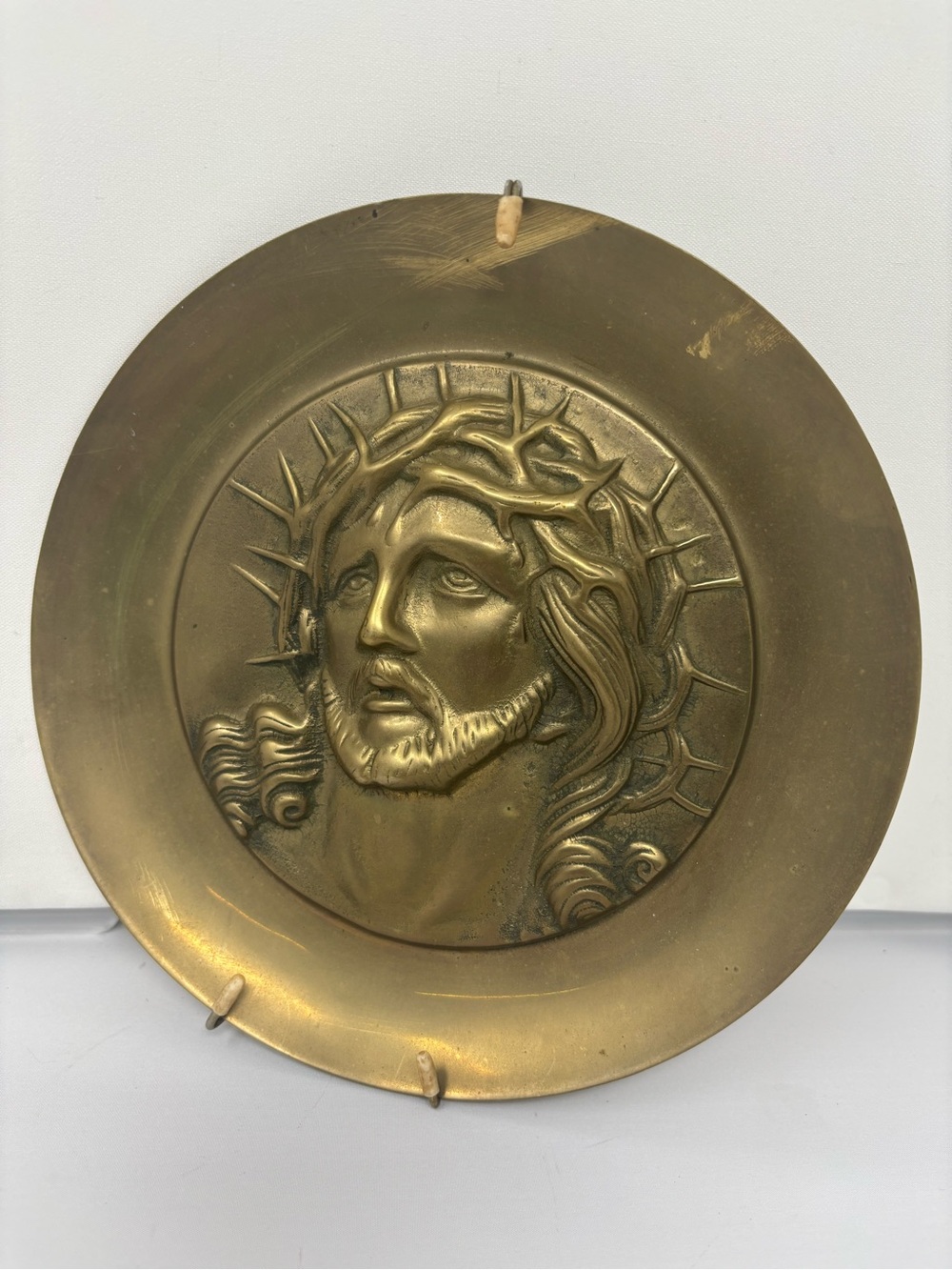 Vintage Brass Wall Plaque Featuring Christ with Crown of Thorns 8 inches